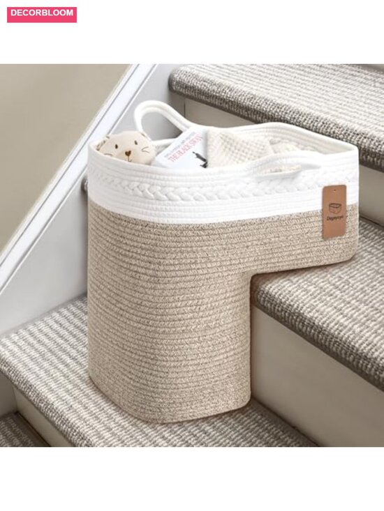 Other - Cotton Woven Stair Basket with Handles, Large Toy Storage for Stairs, Foldable,